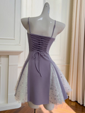 Niulatu Lavender Spaghetti Straps A-Line Satin Short Prom Dresses Glitter Tulle Homecoming Dresses with Bows HZ1103