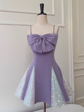 Niulatu Lavender Spaghetti Straps A-Line Satin Short Prom Dresses Glitter Tulle Homecoming Dresses with Bows HZ1103