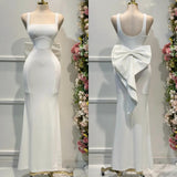 Niulatu White Square Neck Mermaid Satin Prom Dresses Formal Evening Gowns with Bow HZ1103