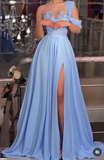 Niulatu Blue One Shoulder A-Line Chiffon Long Prom Dresses Formal Evening Gowns with Slits HZ1103
