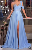 Niulatu Blue One Shoulder A-Line Chiffon Long Prom Dresses Formal Evening Gowns with Slits HZ1103