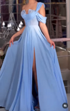 Niulatu Blue One Shoulder A-Line Chiffon Long Prom Dresses Formal Evening Gowns with Slits HZ1103