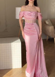 Niulatu Pink Off Shoulder Sheath Satin Long Prom Dresses Formal Evening Gowns with Slits HZ1103
