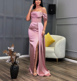 Niulatu Pink Off Shoulder Sheath Satin Long Prom Dresses Formal Evening Gowns with Slits HZ1103