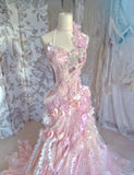 Niulatu Pink Sweetheart Mermaid Tulle Long Prom Dresses Formal Evening Gowns with Appliques HZ1103