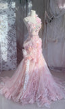 Niulatu Pink Sweetheart Mermaid Tulle Long Prom Dresses Formal Evening Gowns with Appliques HZ1103