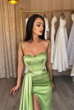 Niulatu Green Spaghetti Straps Mermaid Satin Short Long Prom Dresses Formal Evening Gowns with Slits HZ1103