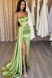 Niulatu Green Spaghetti Straps Mermaid Satin Short Long Prom Dresses Formal Evening Gowns with Slits HZ1103