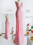 Niulatu Pink V Neck Mermaid Chiffon Beading Long Prom Dresses Vintage Formal Evening Gowns HZ1103