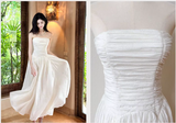 Niulatu White Strapless A-Line Chiffon Long Prom Dresses Birthday Evening Gowns HZ1103