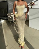 Niulatu Butter Yellow Square Neck Sheath Chiffon Beaded Long Prom Dresses Formal Evening Gowns HZ1103