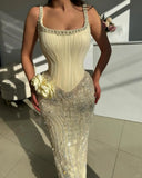 Niulatu Butter Yellow Square Neck Sheath Chiffon Beaded Long Prom Dresses Formal Evening Gowns HZ1103