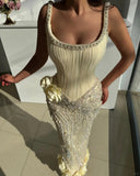 Niulatu Butter Yellow Square Neck Sheath Chiffon Beaded Long Prom Dresses Formal Evening Gowns HZ1103