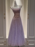 Niulatu Purple Spaghetti Straps A-Line Lace Tulle Long Prom Dresses Gorgeous Birthday Evening Gowns HZ1103