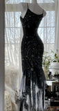 Niulatu Black Spaghetti Straps Mermaid Chiffon Beading Prom Dresses Formal Evening Gowns HZ1103