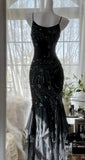 Niulatu Black Spaghetti Straps Mermaid Chiffon Beading Prom Dresses Formal Evening Gowns HZ1103