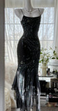 Niulatu Black Spaghetti Straps Mermaid Chiffon Beading Prom Dresses Formal Evening Gowns HZ1103