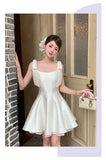 Niulatu Light Apricot Square Neck Satin A-Line Short Prom Dresses Homecoming Dresses HZ1103