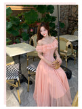 Niulatu Orange Pink Off-Shoulder A-Line Chiffon Party Dresses HZ1103