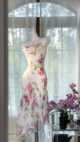 Niulatu White Spaghetti Straps Sheath Printed Chiffon Vintage Short Prom Dresses HZ1103