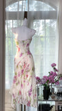 Niulatu White Spaghetti Straps Sheath Printed Chiffon Vintage Short Prom Dresses HZ1103
