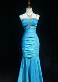 Niulatu Blue Spaghetti Straps Mermaid Taffeta Long Prom Dresses Formal Evening Gowns with Beading HZ1103
