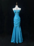 Niulatu Blue Spaghetti Straps Mermaid Taffeta Long Prom Dresses Formal Evening Gowns with Beading HZ1103