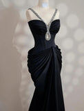 Niulatu Black V-neck Mermaid Satin Long Prom Dresses Formal Evening Gowns HZ1103