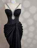 Niulatu Black V-neck Mermaid Satin Long Prom Dresses Formal Evening Gowns HZ1103