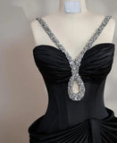 Niulatu Black V-neck Mermaid Satin Long Prom Dresses Formal Evening Gowns HZ1103