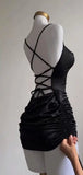 Niulatu Black Spaghetti Straps Bodycon Satin Short Prom Dresses Homecoming Dresses with Open Back HZ1103
