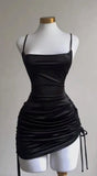 Niulatu Black Spaghetti Straps Bodycon Satin Short Prom Dresses Homecoming Dresses with Open Back HZ1103