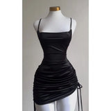 Niulatu Black Spaghetti Straps Bodycon Satin Short Prom Dresses Homecoming Dresses with Open Back HZ1103