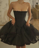 Niulatu Black Strapless A-Line Satin Lace Short Prom Dresses Homecoming Dresses HZ1103