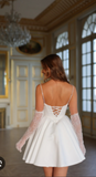 Niulatu White Spaghetti Straps A-Line Satin Lace Short Wedding Dresses Homecoming Dresses with Pearls HZ1103