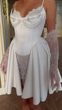 Niulatu White Spaghetti Straps A-Line Satin Lace Short Wedding Dresses Homecoming Dresses with Pearls HZ1103