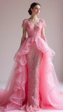 Niulatu Pink V Neck Sheath Tulle Long Prom Dresses Wedding Dresses Lace Appliques Formal Evening Dresses HZ1103