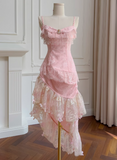 Niulatu Pink Spaghetti Straps A-Line Satin Jacquard Lace Short Prom Dresses Homecoming Dresses with Beading HZ1103