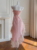 Niulatu Pink Spaghetti Straps A-Line Satin Jacquard Lace Short Prom Dresses Homecoming Dresses with Beading HZ1103
