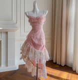 Niulatu Pink Spaghetti Straps A-Line Satin Jacquard Lace Short Prom Dresses Homecoming Dresses with Beading HZ1103