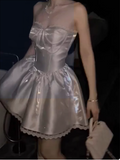 Niulatu White Strapless A-Line Satin Short Prom Dresses Homecoming Dresses with Pearls HZ1103