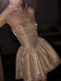 Niulatu White Strapless A-Line Satin Short Prom Dresses Homecoming Dresses with Pearls HZ1103
