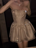 Niulatu White Strapless A-Line Satin Short Prom Dresses Homecoming Dresses with Pearls HZ1103