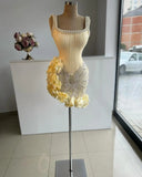 Niulatu Butter Yellow Square Neck Bodycon Beaded Tulle Short Prom Dresses Gorgeous Homecoming Dresses HZ1103