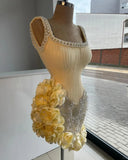 Niulatu Butter Yellow Square Neck Bodycon Beaded Tulle Short Prom Dresses Gorgeous Homecoming Dresses HZ1103