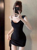 Niulatu Black Asymmetric Neck Bodycon Short Prom Dresses Homecoming Dresses with Bow HZ1103