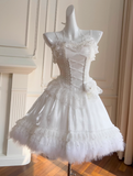 Niulatu White Spaghetti Straps A-Line Tulle Lace Short Prom Dresses Homecoming Dresses with Beading HZ1103