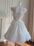Niulatu White Spaghetti Straps A-Line Tulle Lace Short Prom Dresses Homecoming Dresses with Beading HZ1103