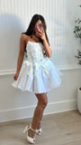 Niulatu White Strapless A-Line Tulle Beaded Short Prom Dresses Homecoming Dresses HZ1103