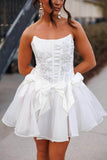 Niulatu White Strapless A-Line Tulle Beaded Short Prom Dresses Homecoming Dresses HZ1103